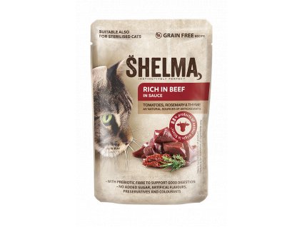 Shelma Cat kapsička - hovězí s rajčaty a bylinkami v omáčce 85 g | Hovězí kapsička bez obilovin | Krmiva u Toma