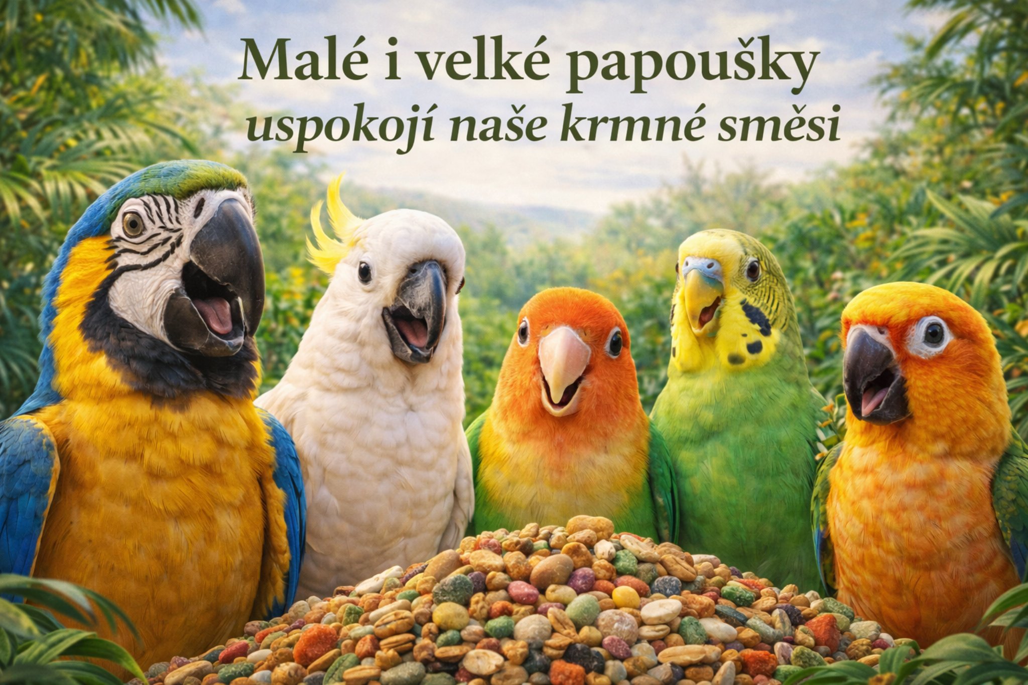 Malé i velké papoušky uspokojí naše krmné směsi.