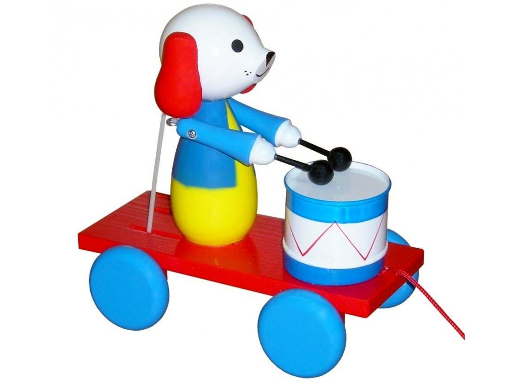 Tahací Pes s bubnem hračka ze dřeva - barevný