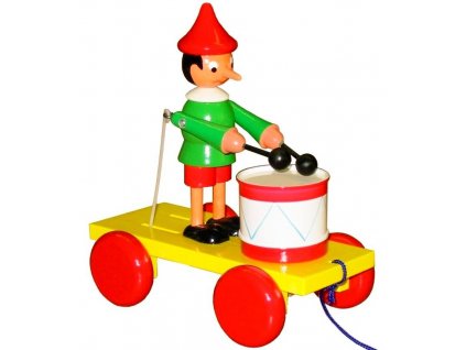 Tahací Pinochio s bubnem hračka ze dřeva - barevný