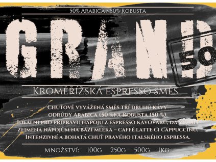 Espresso směs CAFFÉ GRAND 50 – směs arabica & robusta 50/50 (Kávu dodat jako zrnko, Množství kávy 100g)