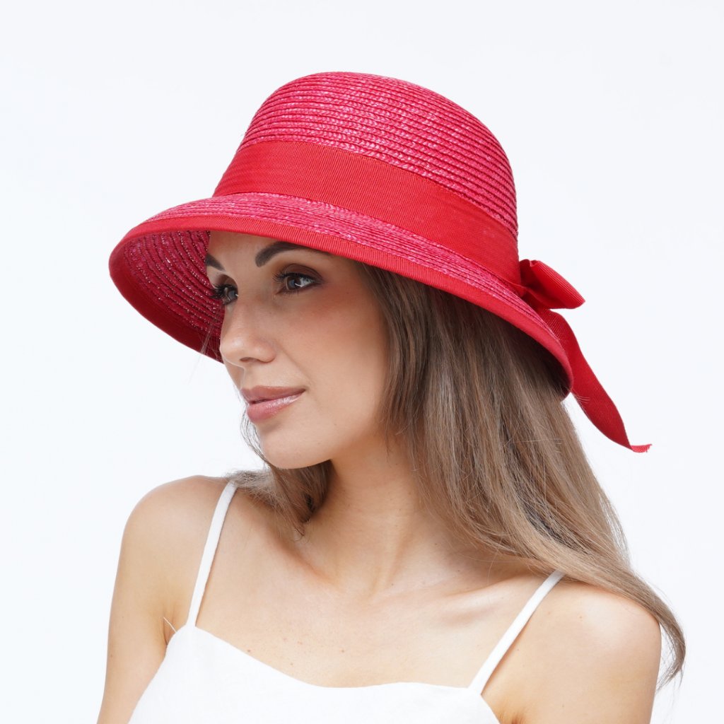 Červený letní dámský klobouk se stuhou Fa-42652