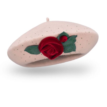 Dámský vlněný baret se sametovou růžičkou béžový