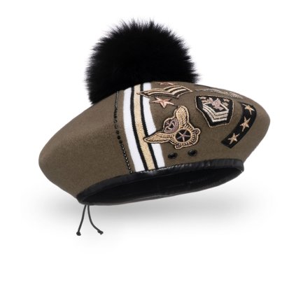 Dámský vlněný baret podšitý flísem s koženkovým páskem zdobením a bambulí khaki