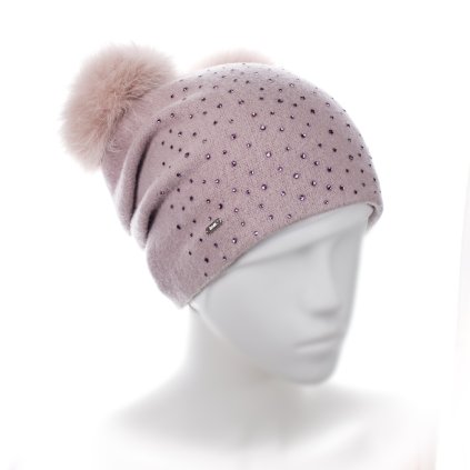 Dámská zimní čepice se dvěma bambulemi W-0157/540 světle starorůžová