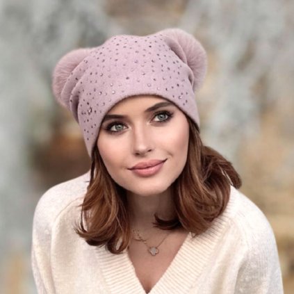 Dámská zimní čepice se dvěma bambulemi W-0157/540 světle starorůžová