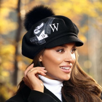 Dámský vlněný baret s kšiltem a bambulí W-0397/018 černý