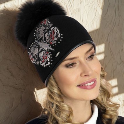 Dámská čepice s bambulí W-0432/018 černá-nf