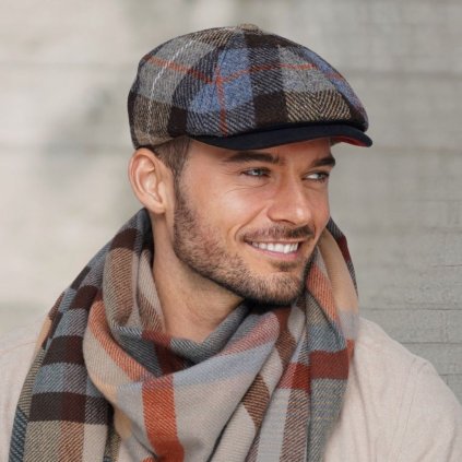 Pánská zimní vlněná bekovka - Harris Tweed - modro hnědá kostka (skryté ušní klapky)