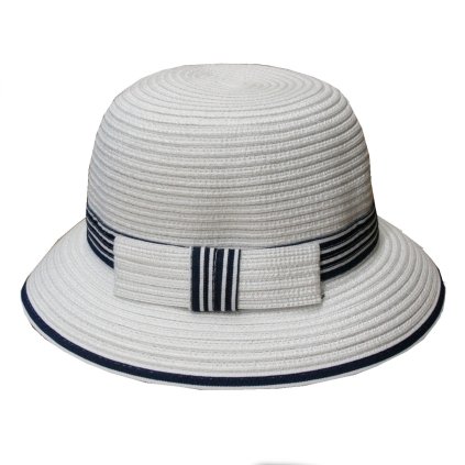 45143 letni bily damsky klobouk cloche s modro bilou stuhou fa 43482