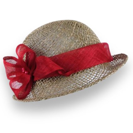 Dámský letní klobouk z mořské trávy zdobený červeným sisalem Ka-03