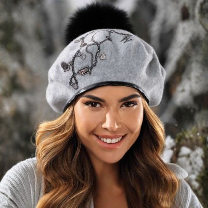 Dámská vlněná čepice s bambulí W-0581/866 šedý melange-nf