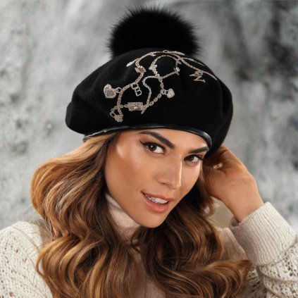 Dámská vlněná čepice s bambulí W-0581/018 černá-nf