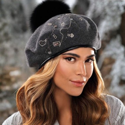 Dámská vlněná čepice s bambulí W-0581/844 tmavě šedý melange-nf