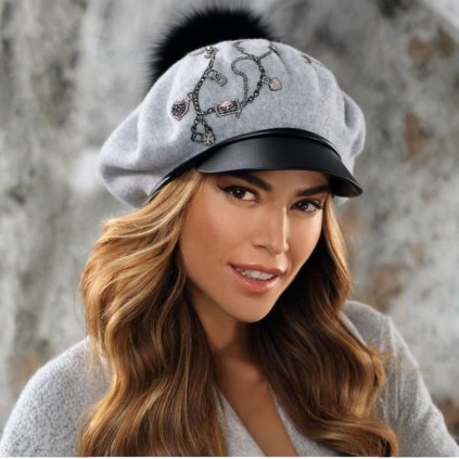 Dámská vlněná čepice s bambulí a kšiltem W-0580/866 šedý melange-nf