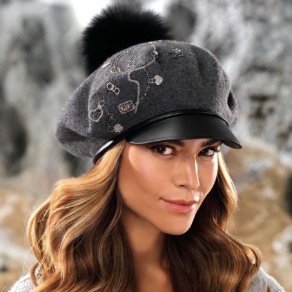 Dámská vlněná čepice s bambulí a kšiltem W-0580/844 tmavě šedý melange-nf