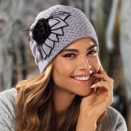 Dámská zimní čepice s květem a síťkou W-0624/640 šedá-nf