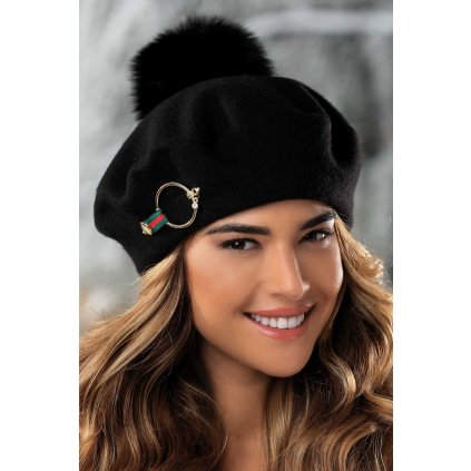 Zimní dámský baret s bambulí W-0641/018 černý