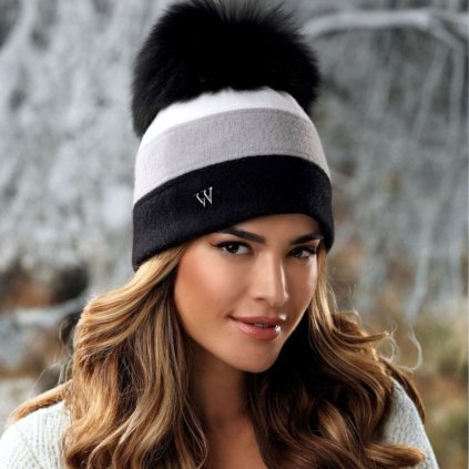 Tříbarevná zimní čepice s bambulí W-0642/018 černá-šedá-bílá -nf