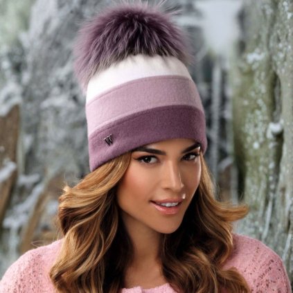 Tříbarevná zimní čepice s bambulí W-0642/890 starorůžová-bílá-nf