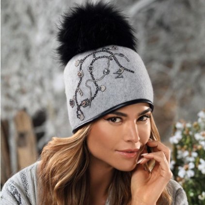 Dámská zimní čepice s bambulí a zdobením W-0627/866 světle šedý melange-nf