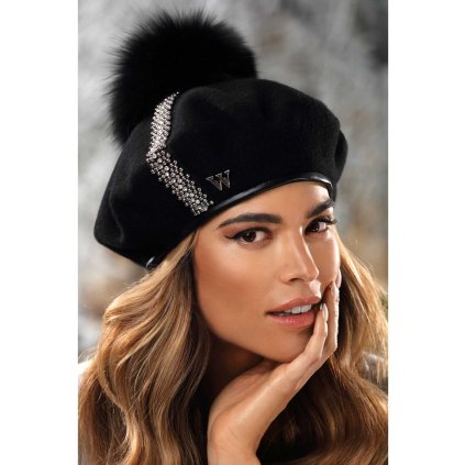 Dámský zimní baret s bambulí zdobený bižuterií W-0663/018 černý