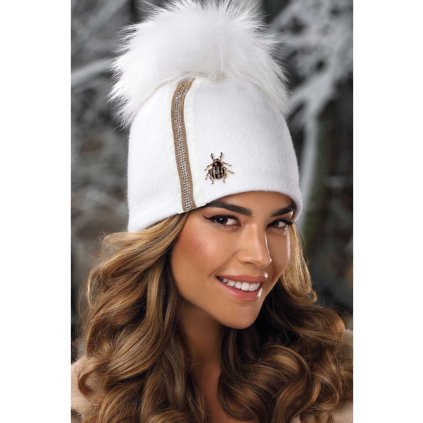 Luxusní dámská zimní čepice s bambulí W-0675/000 bílá