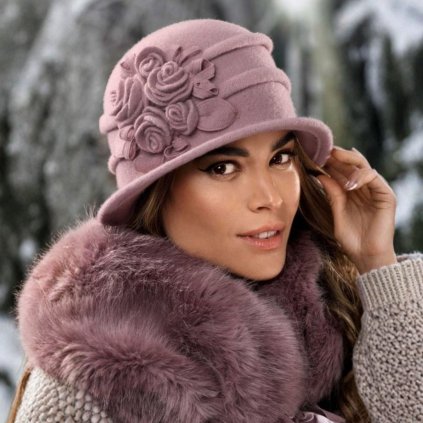 Zimní dámský vlněný klobouk zdobený kvítky W-0677/540 starorůžový-nf