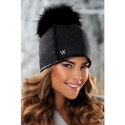 Antracitová zimní čepice s bambulí W-0690/693