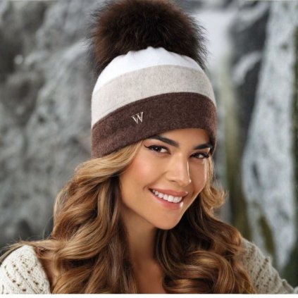 Tříbarevná zimní čepice s bambulí W-0642/867 světle hnědá-béžová-bílá-nf