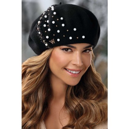 Černý dámský baret zdobený perličkami a řetízkem W-0727/018
