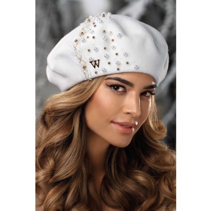 Bílý dámský baret zdobený perličkami a řetízkem W-0727/000