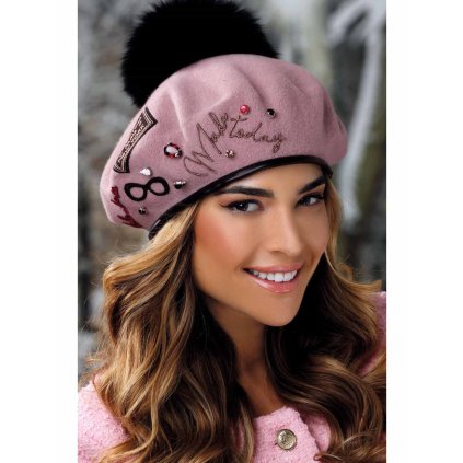 Starorůžový dámský baret s bambulí  a výšivkami W-0750/540