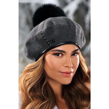 Zimní dámský baret s bambulí W-0683/844 antracitový melange