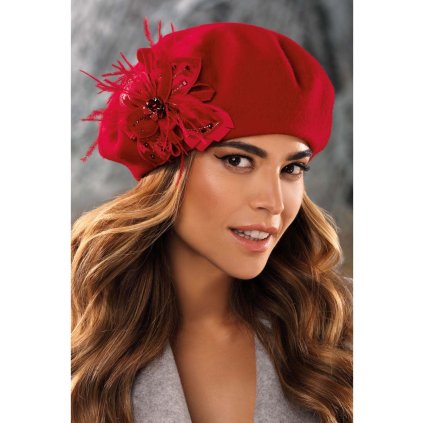 Zimní dámský baret s květem W-0759/001 červený