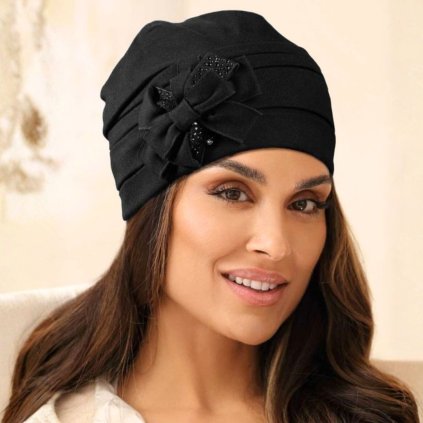 Dámská bavlněná čepice s mašlí W-0670/018 černá-nf