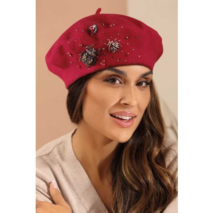 Dámský vlněný baret zdobený bižuterií W-0584/001 červený