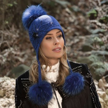 Zimní dámská čepice s výšivkou a třemi bambulemi W-0779/558M modrý melange-nf