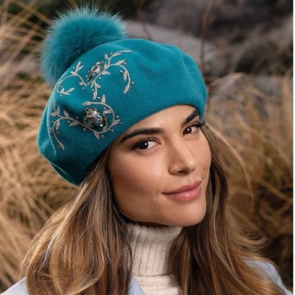 Krumlovanka Azurový baret s bambulí 100% vlna Woolmark W-0826/733