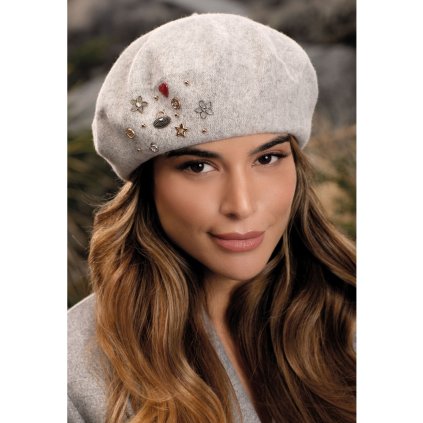 Krumlovanka Šedý dámský baret 100%vlna Woolmark W-0840/866 ozdobený
