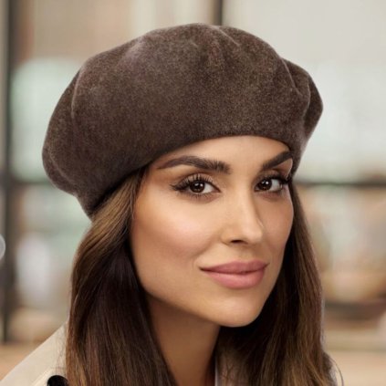 Hnědý melange baret FLORA 100% vlna WOOLMARK W-baret/867 (M)