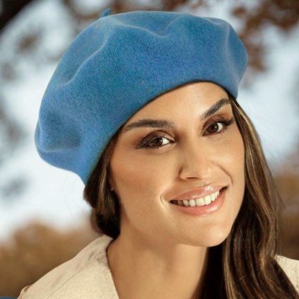 Modrý baret FLORA 100% vlna WOOLMARK W-baret/025 (M)-nn