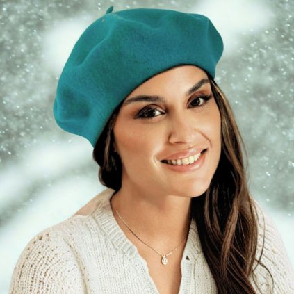 Azurový baret FLORA 100% vlna WOOLMARK W-baret/733 (M)-nn