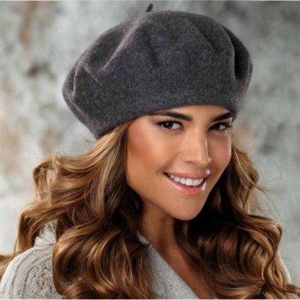 Antracit melange baret FLORA 100% vlna WOOLMARK W-baret/693 (M)-nn