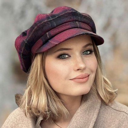 8-dílna dámská bekovka od Krumlovanka - Newsboy Cap - károvaný tvíd fuchsie Me-B46