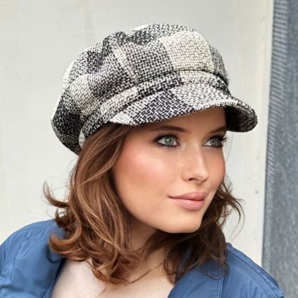 Zimní dámská čepice s kšiltem – osmidílná bekovka - černo-šedý tvíd Me-B37-fm