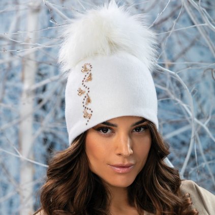 Stylová dámská bílá zimní čepice s bambulí Krumlovanka  z 100% vlny Woolmark W-0902/000