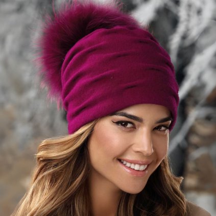 Zimní čepice s bambulí a podšívkou - fuchsie 100% vlna Woolmark W-0597/549BB