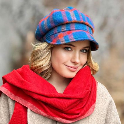 John Hanly Dámská zimní čepice s kšiltem 100% vlna - skotská kostka tartan Ba-31460876-216
