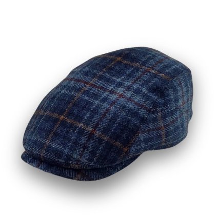 Pánská zimní bekovka - kostka - tartan modrá (klapky na uši) 100% vlna K693-50
